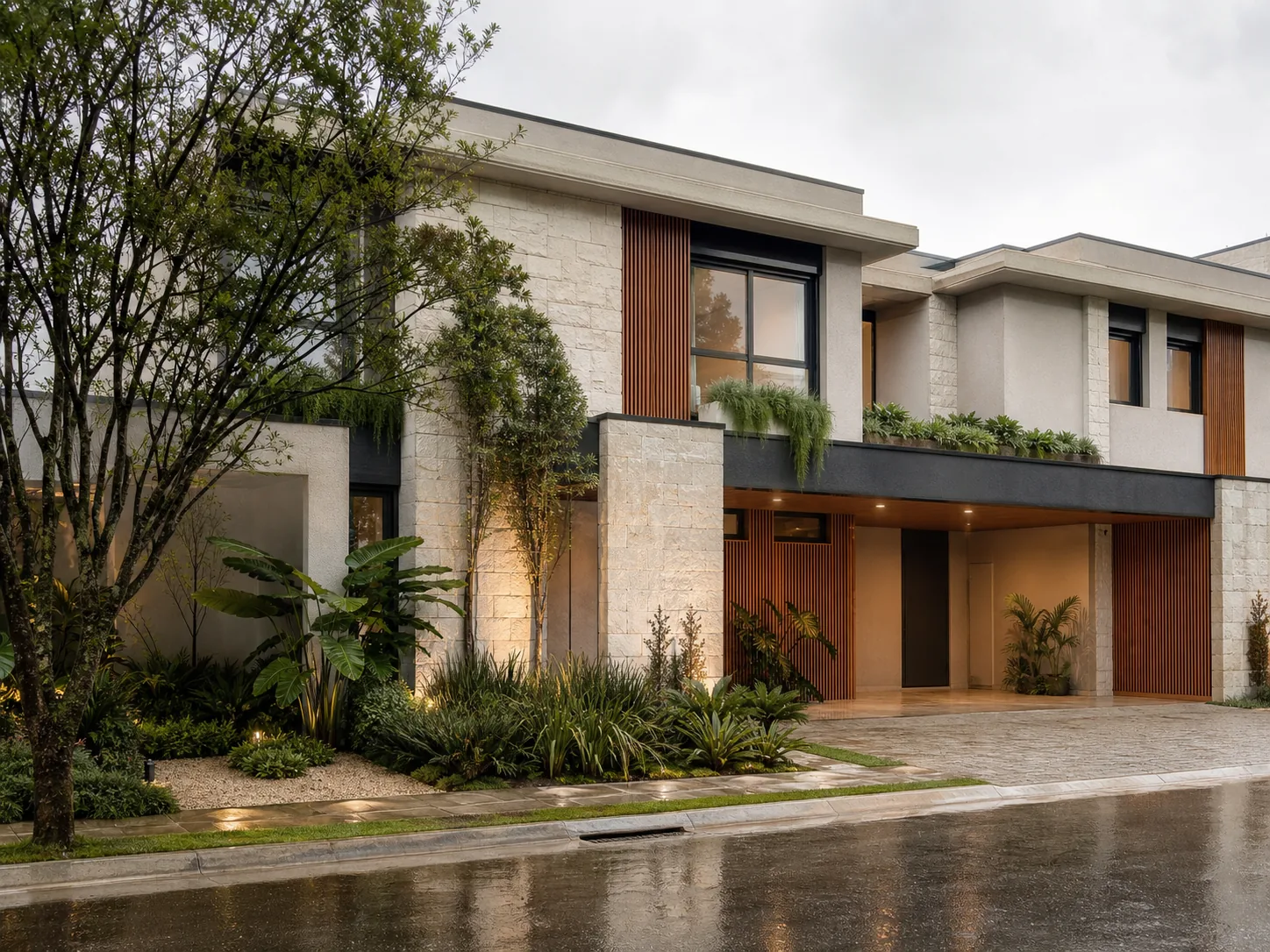 Fachada contemporânea de geminado moderno