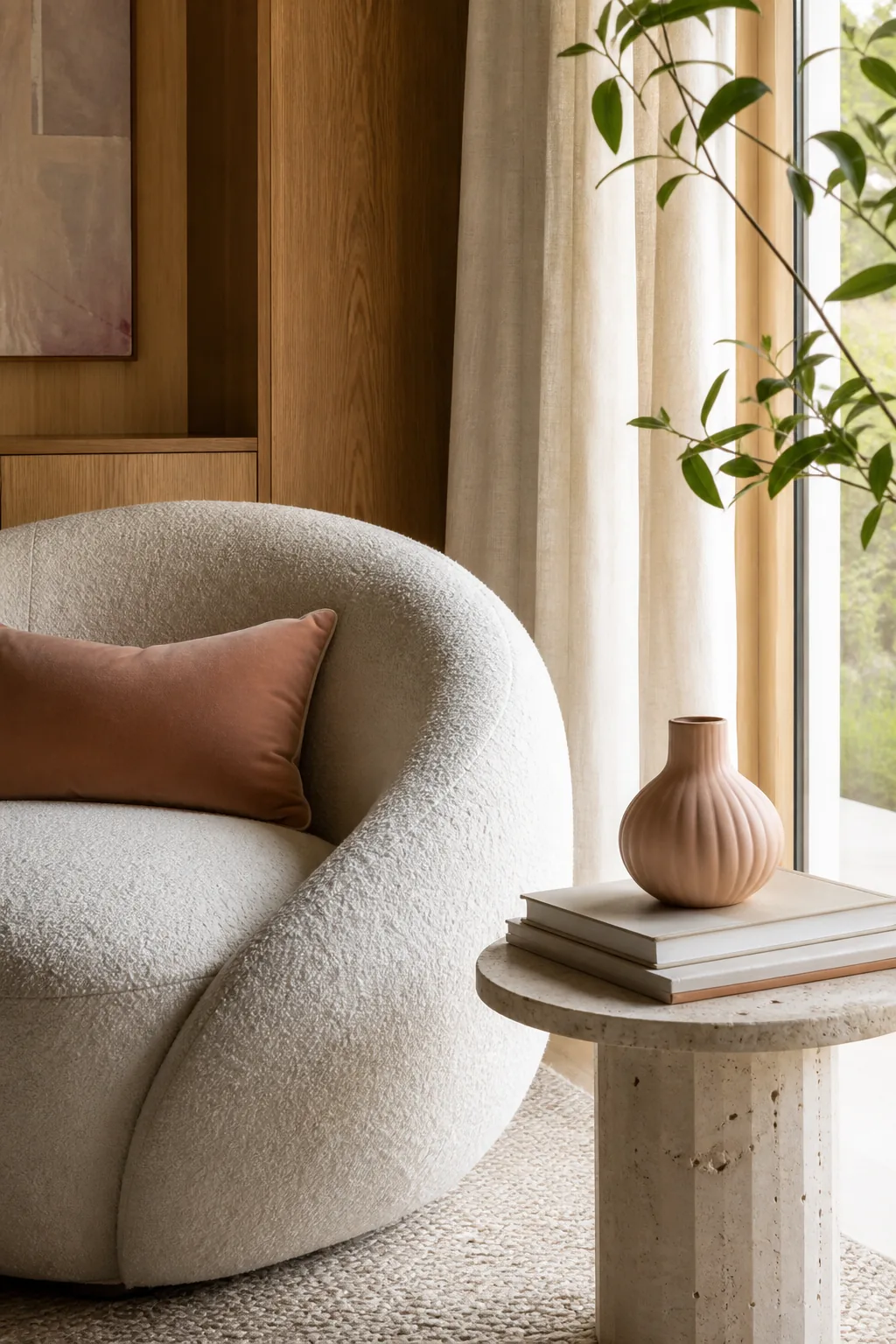 Interior elegante em tons neutros, rosa suave e madeira